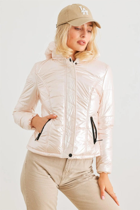 Rose Pink Long Sleeve Fuzzy Faux Fur Hood Padded Jacket /1-1-1-1 - Tasha Apparel Wholesale