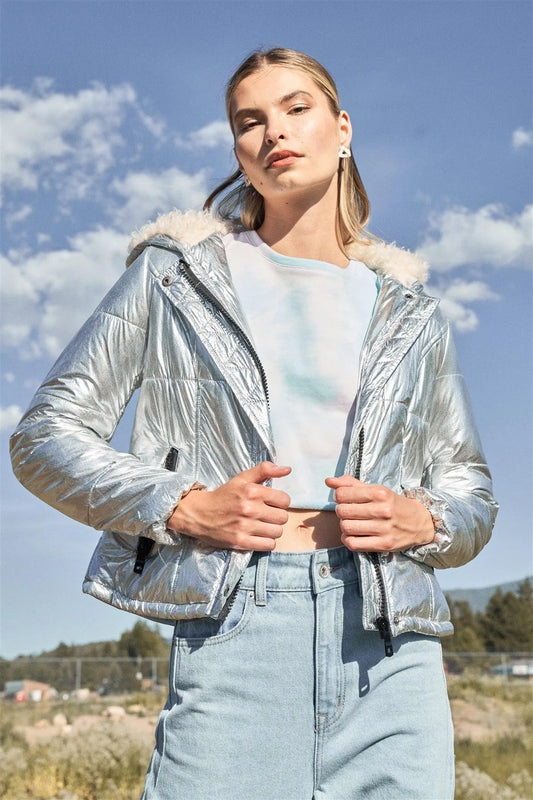 Metallic Silver Long Sleeve Fuzzy Faux Fur Hood Padded Jacket /1-1-1-1 - Tasha Apparel Wholesale