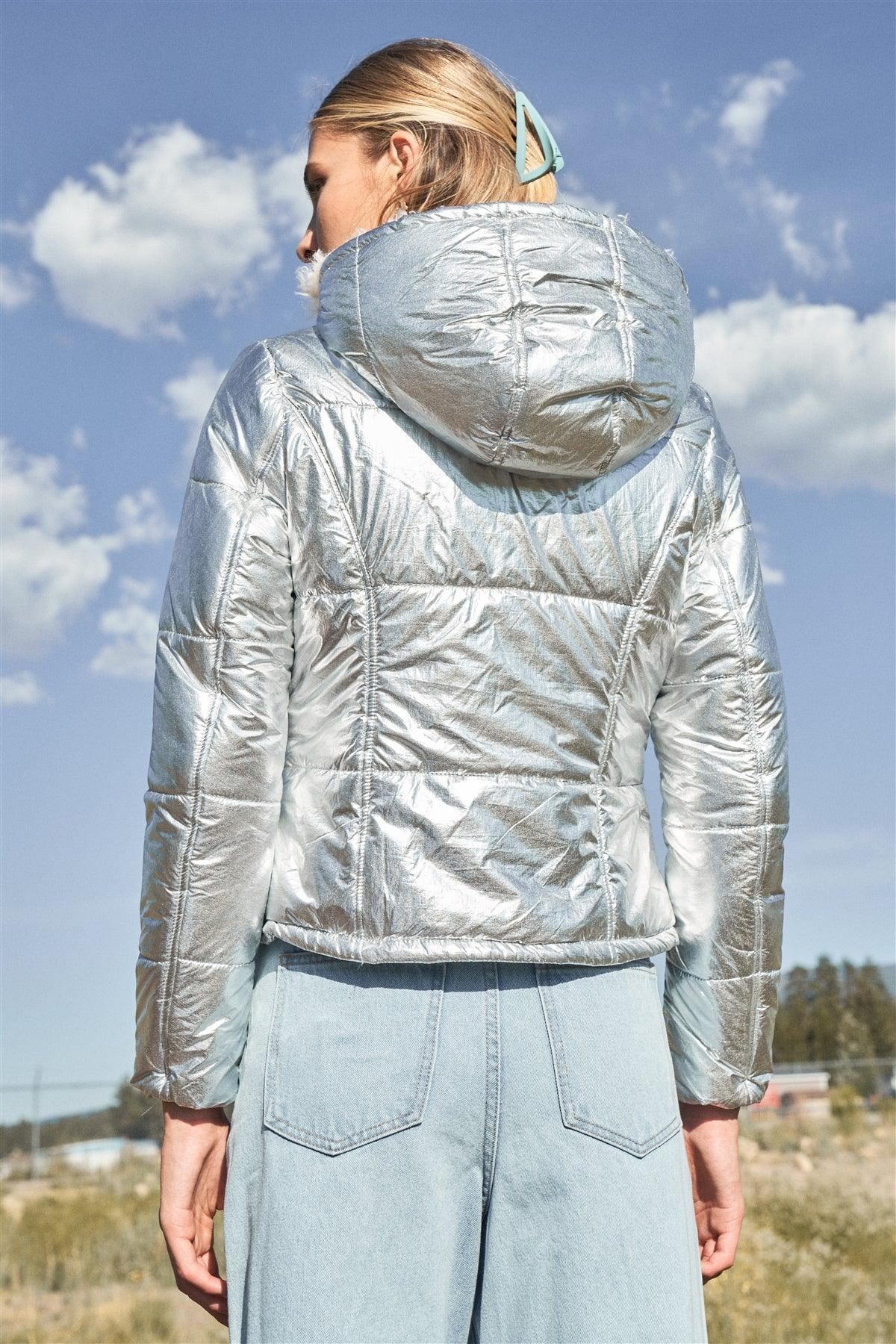 Metallic Silver Long Sleeve Fuzzy Faux Fur Hood Padded Jacket /1-1-1-1