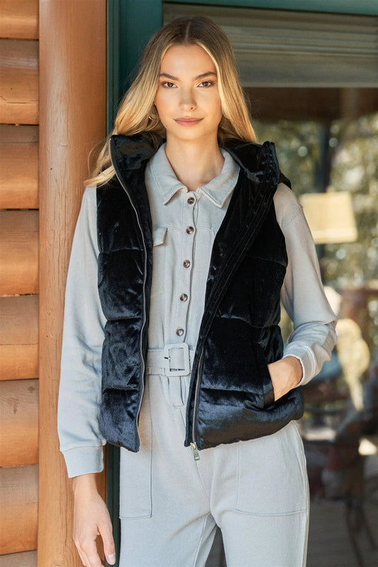 Black Velvet Sleeveless High Neck Hooded Puffer Vest - Tasha Apparel Wholesale