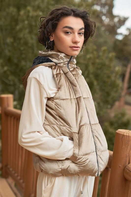 Taupe Velvet Sleeveless High Neck Hooded Puffer Vest /1-1-1-1 - Tasha Apparel Wholesale