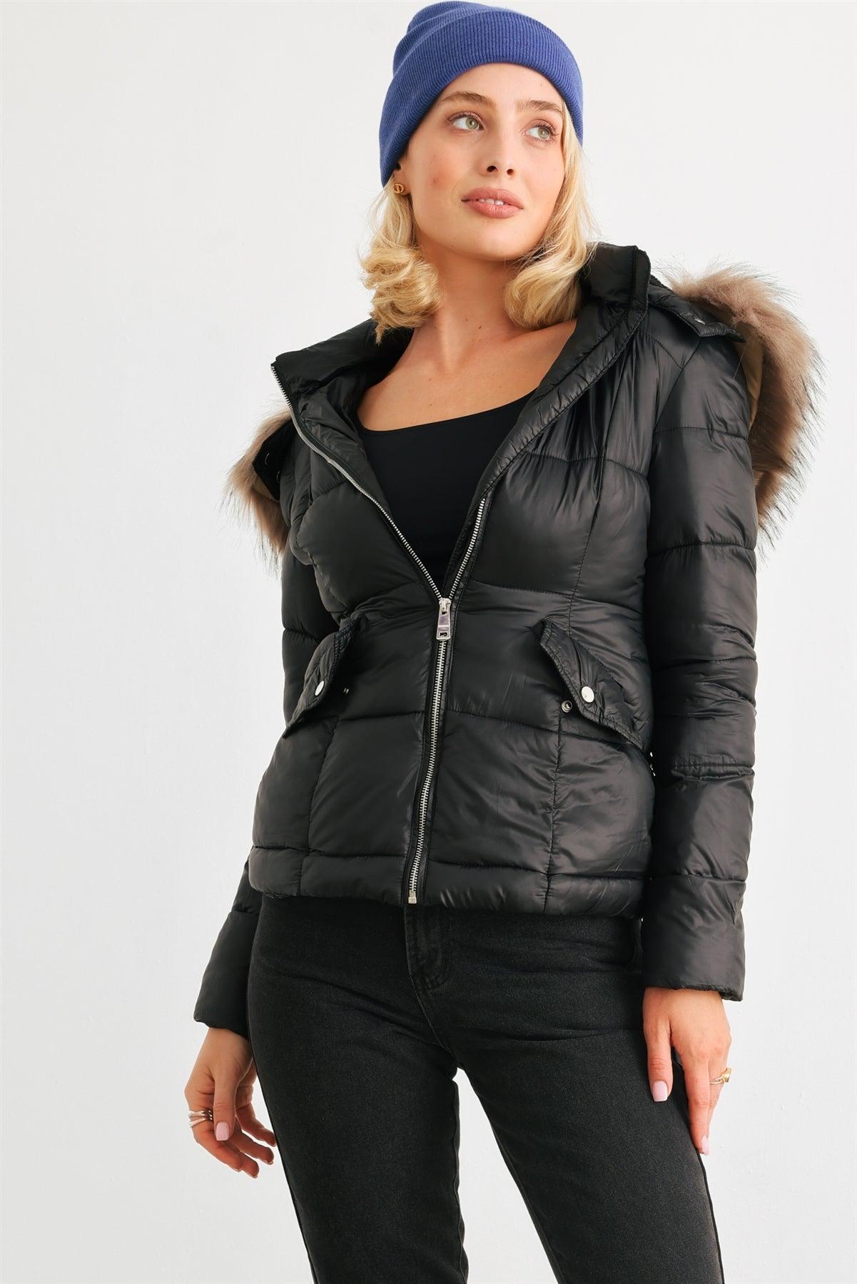 Black Long Sleeve Faux Fur Hood Padded Water Resistant Finish Puffer Jacket /2-1-2