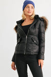Black Long Sleeve Faux Fur Hood Padded Water Resistant Finish Puffer Jacket /2-1-2 - Tasha Apparel Wholesale