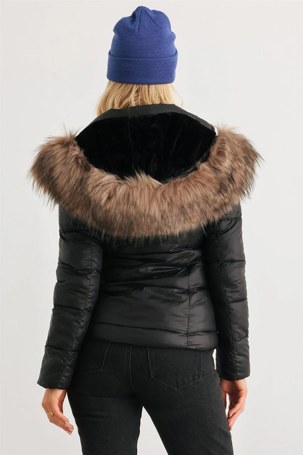 Black Long Sleeve Faux Fur Hood Padded Water Resistant Finish Puffer Jacket /2-1-2 - Tasha Apparel Wholesale