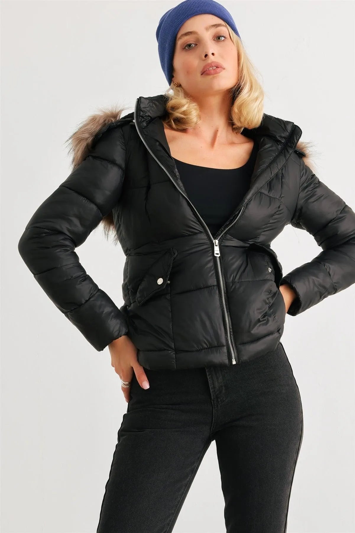 Black Long Sleeve Faux Fur Hood Padded Water Resistant Finish Puffer Jacket /2-1-2 - Tasha Apparel Wholesale
