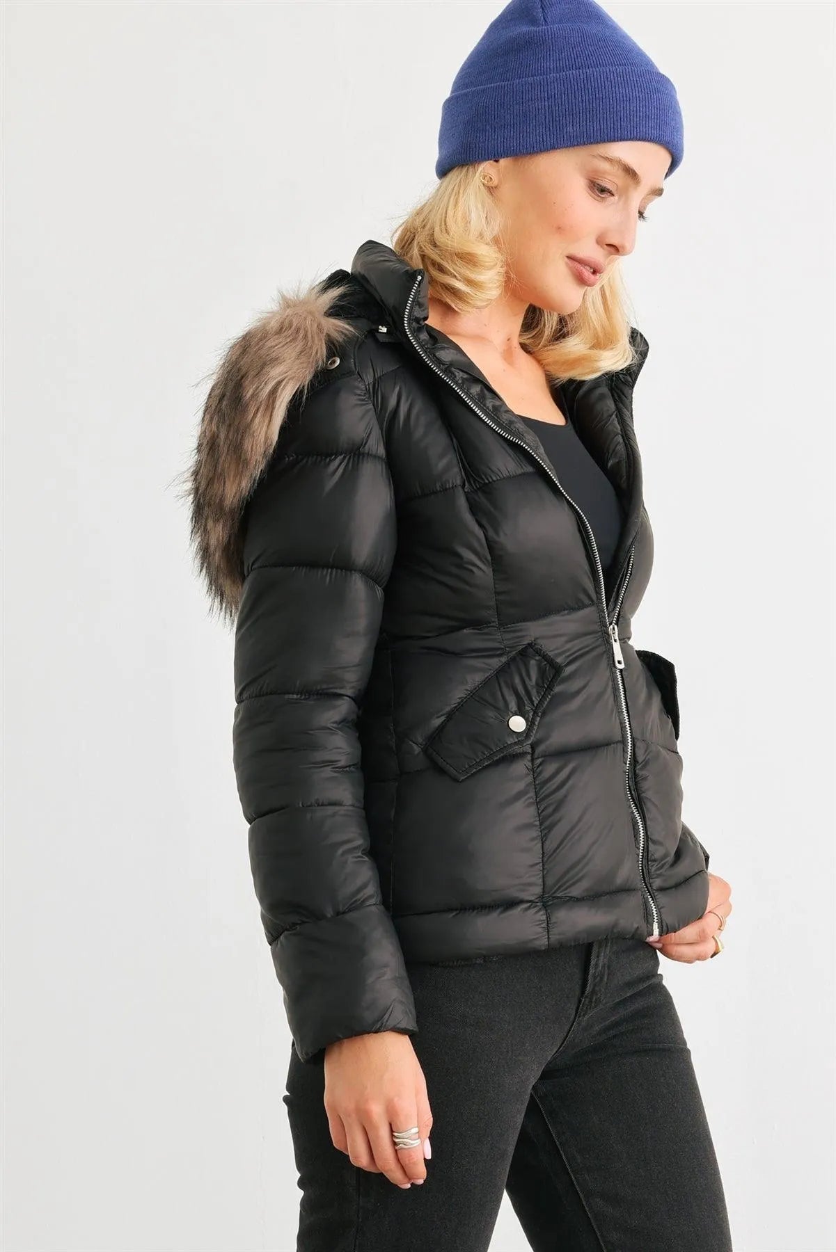 Black Long Sleeve Faux Fur Hood Padded Water Resistant Finish Puffer Jacket /2-1-2 - Tasha Apparel Wholesale