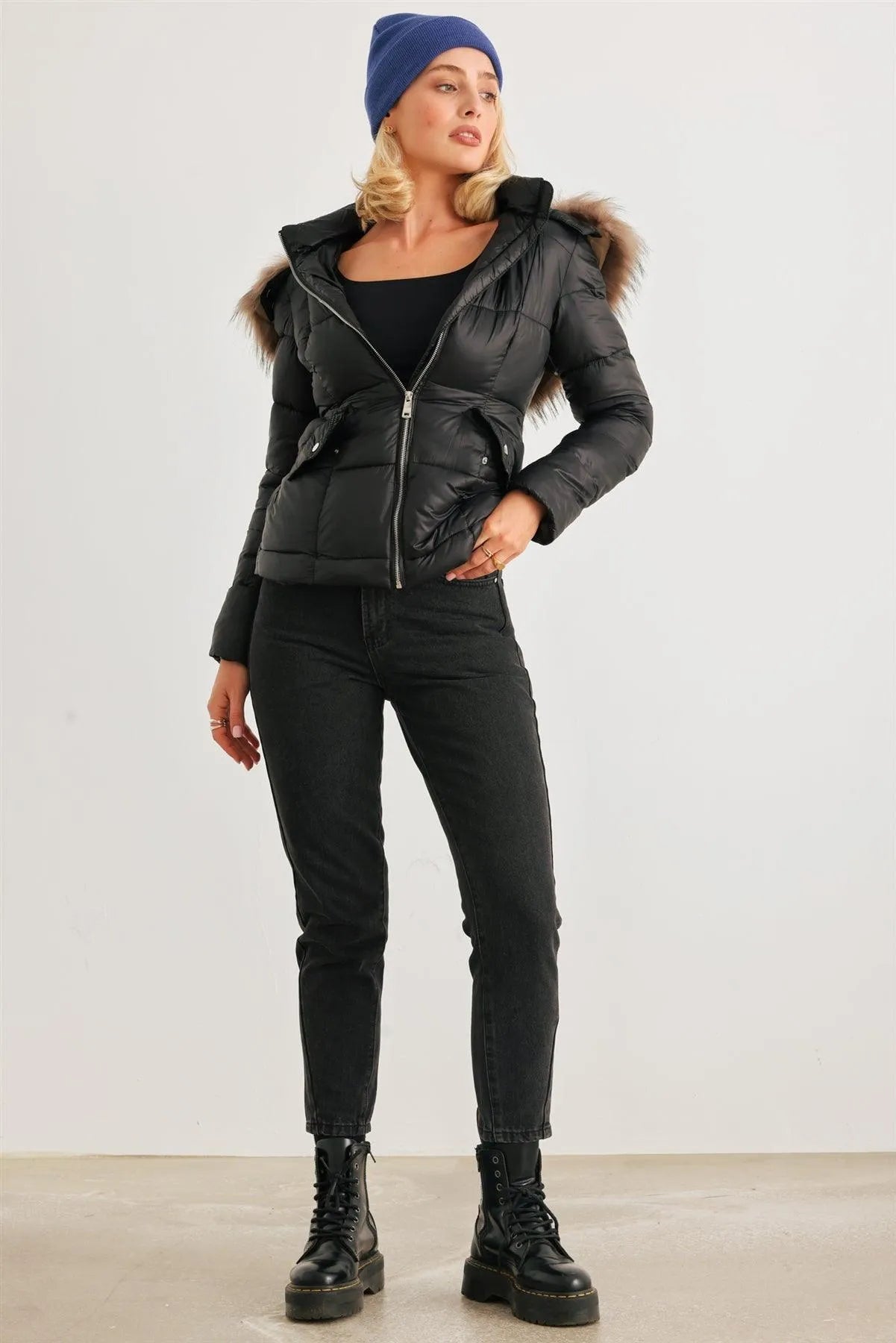 Black Long Sleeve Faux Fur Hood Padded Water Resistant Finish Puffer Jacket /2-1-2 - Tasha Apparel Wholesale