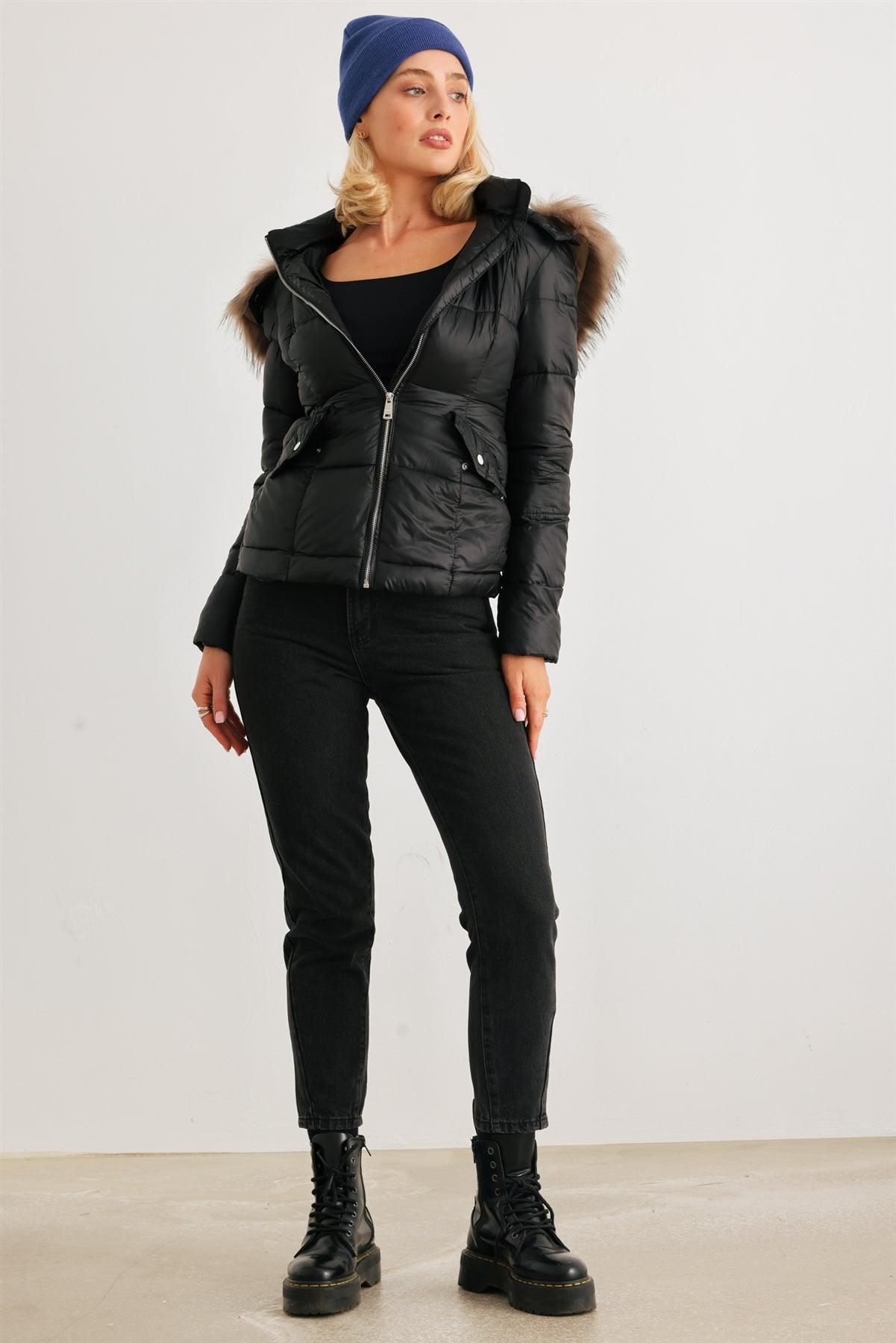Black Long Sleeve Faux Fur Hood Padded Water Resistant Finish Puffer Jacket /2-2-2