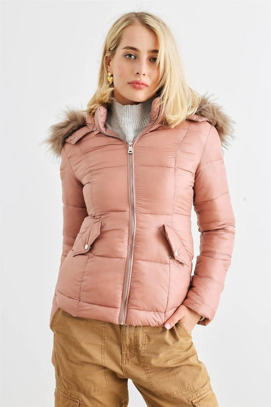 Mauve Long Sleeve Faux Fur Hood Padded Water Resistant Finish Jacket /2-2-2 - Tasha Apparel Wholesale