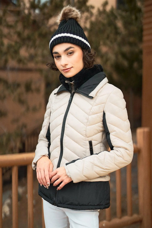 Cream & Black Chevron Quilted High Neck Double Zip Fastening Puffer Jacket /1-1-1-1 - Tasha Apparel Wholesale