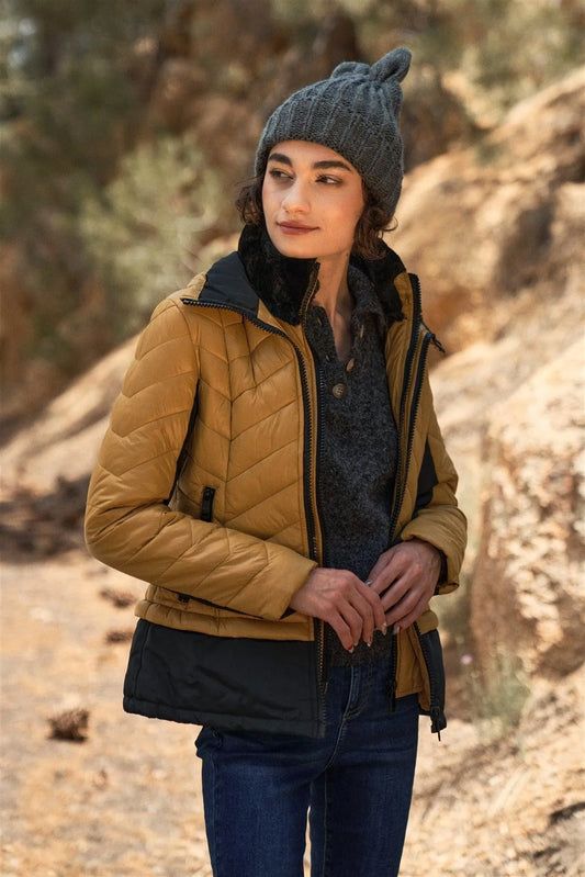 Mustard & Black Chevron Quilted High Neck Double Zip Fastening Puffer Jacket /1-1-1-1 - Tasha Apparel Wholesale