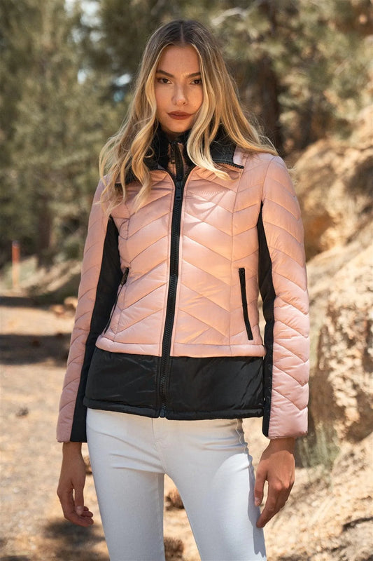 Rose Chevron Quilted High Neck Double Zip Puffer Jacket - Tasha Apparel Wholesale