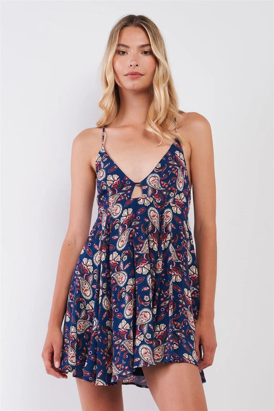 Navy Multi Boho Sleeveless Paisley Print Criss-Cross Back Relaxed Babydoll Mini Dress /2-3 - Tasha Apparel Wholesale