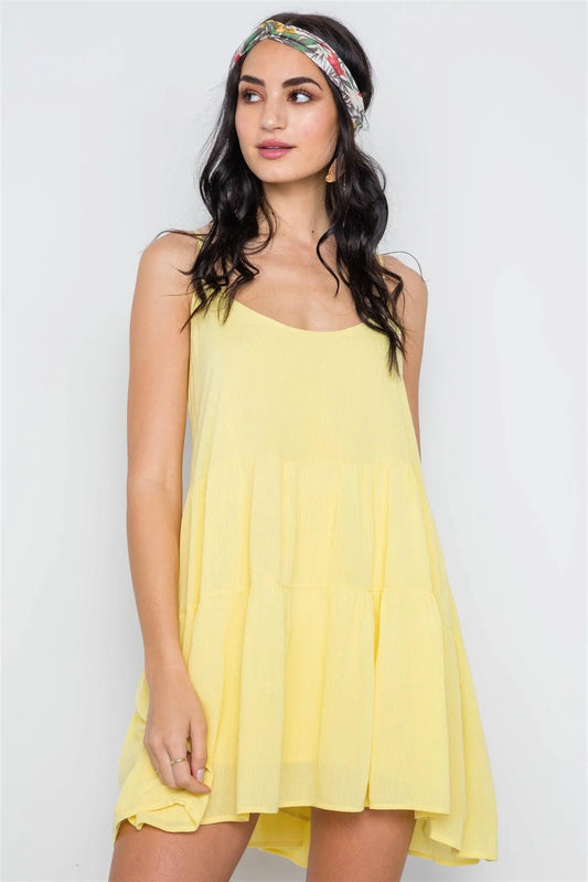Yellow Cami Lace Up Swing Mini Dress - Tasha Apparel Wholesale