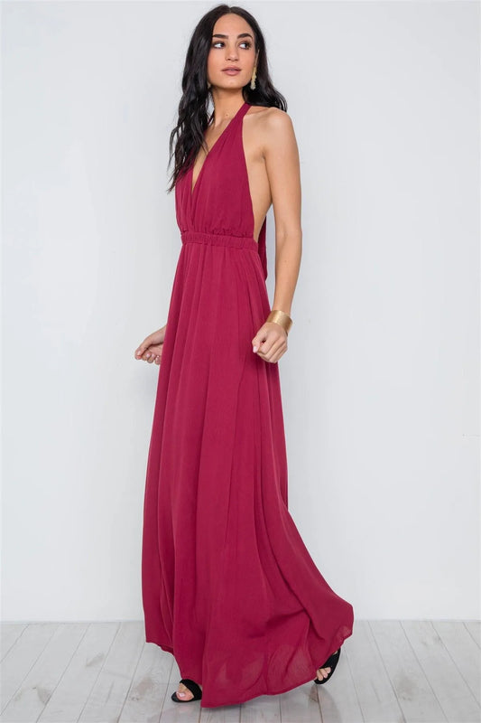 Burgundy Plunging Open Back Solid Maxi Dress /3-2-1 - Tasha Apparel Wholesale