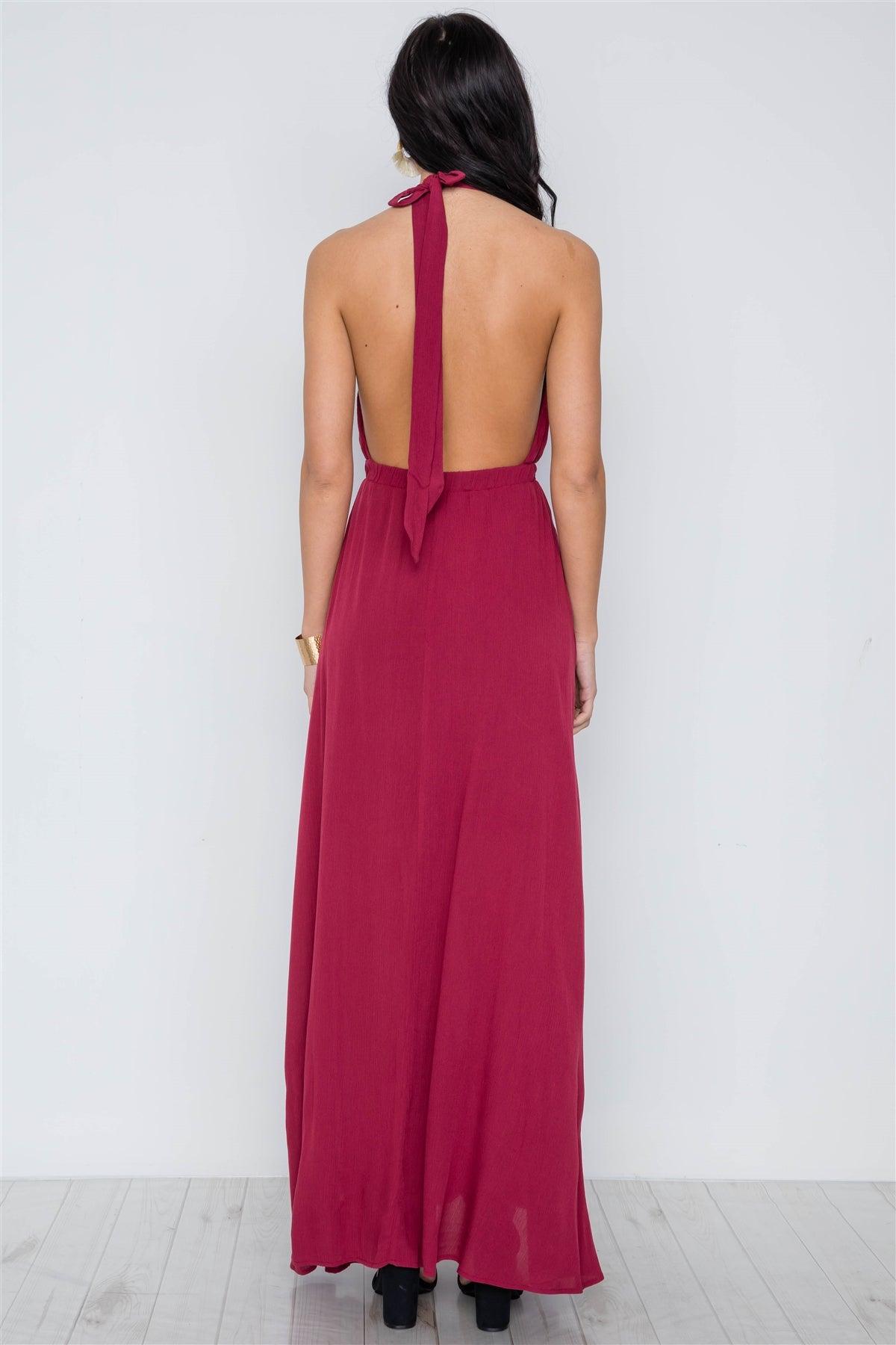 Burgundy Plunging Open Back Solid Maxi Dress /3-2-1