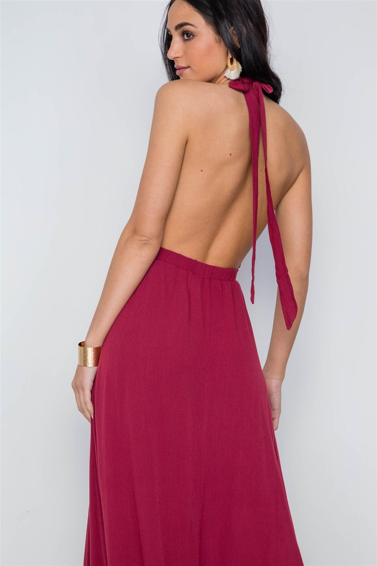 Burgundy Plunging Open Back Solid Maxi Dress /3-2-1