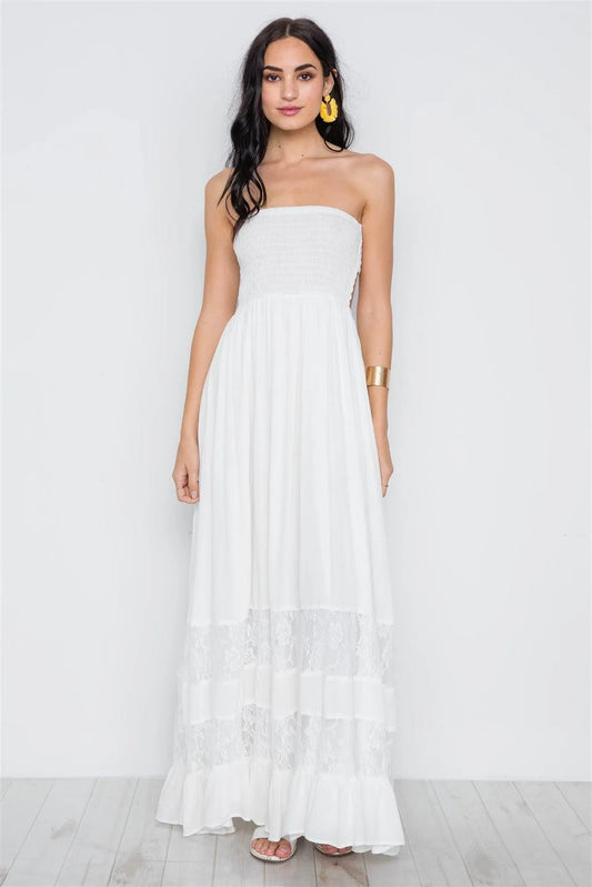 White Strapless Smocked Floral Lace Boho Maxi Dress /3-2 - Tasha Apparel Wholesale