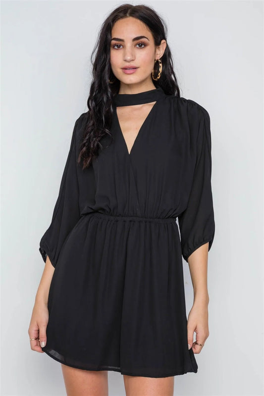 Black Batwing Sleeves Solid Mock-Neck Mini Dress /3-2-1 - Tasha Apparel Wholesale