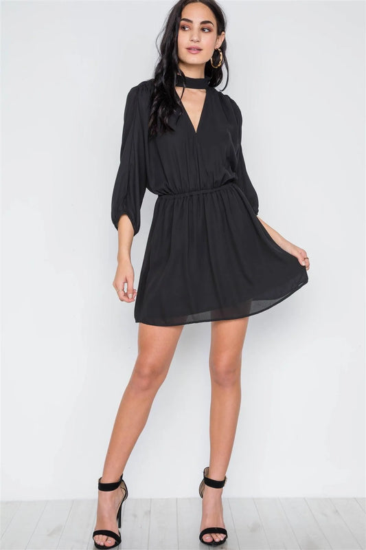 Black Batwing Sleeves Solid Mock-Neck Mini Dress /3-3-1 - Tasha Apparel Wholesale