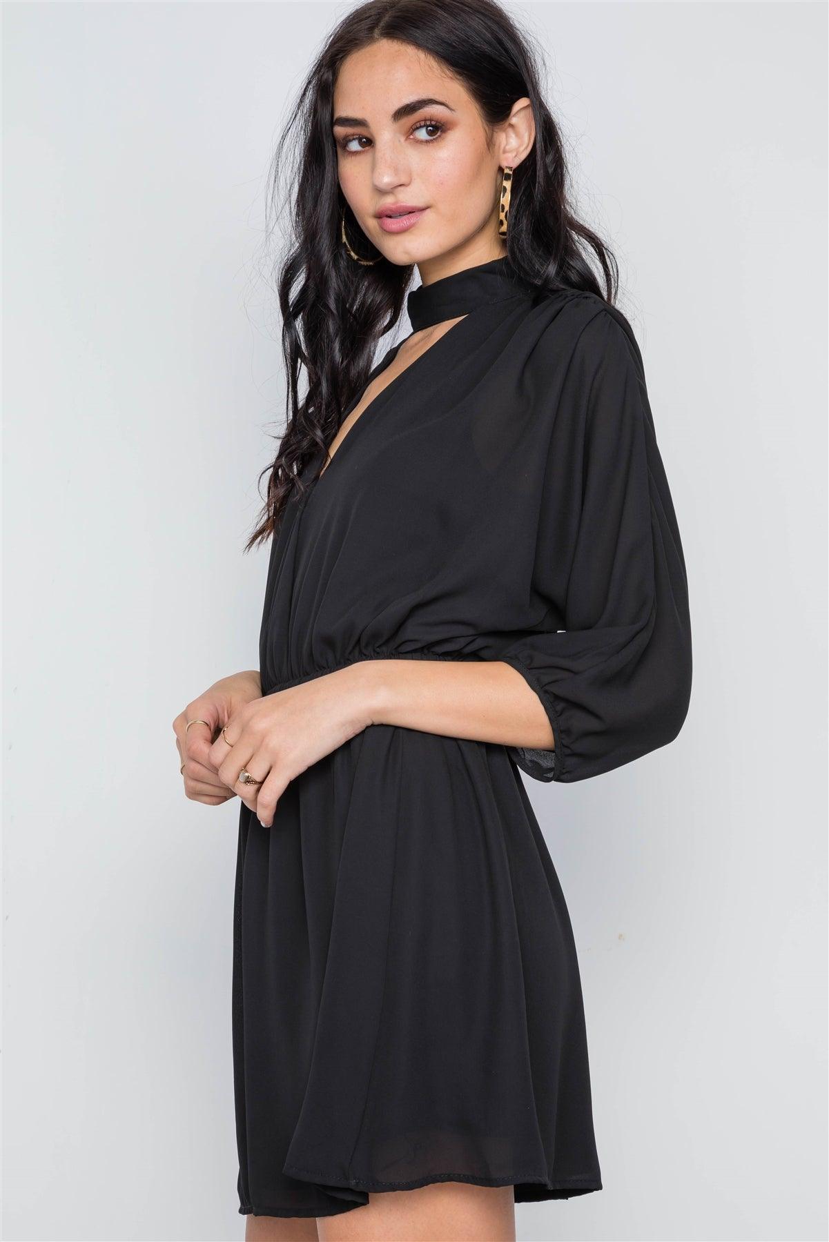 Black Batwing Sleeves Solid Mock-Neck Mini Dress /3-3-1
