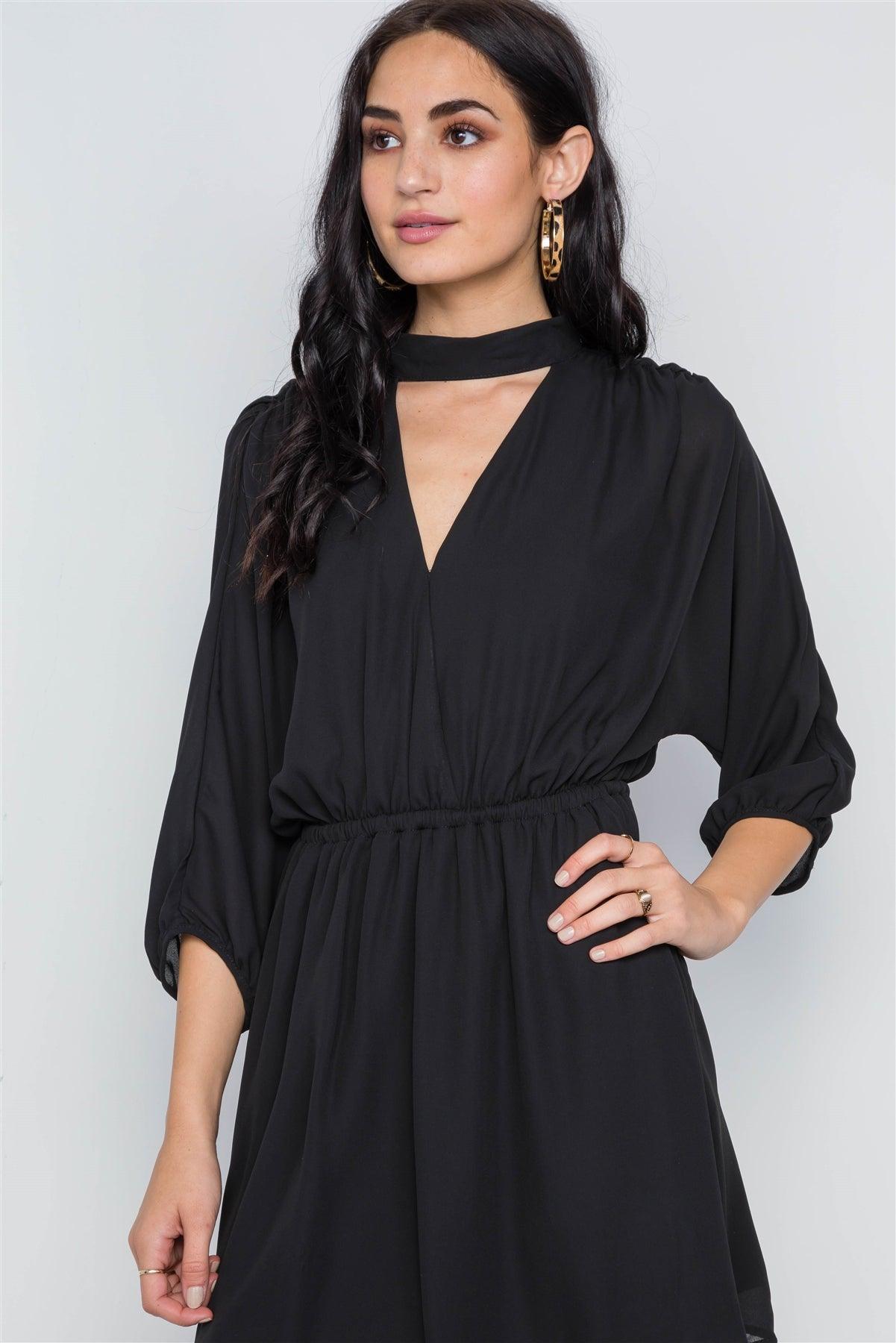 Black Batwing Sleeves Solid Mock-Neck Mini Dress /3-3-1