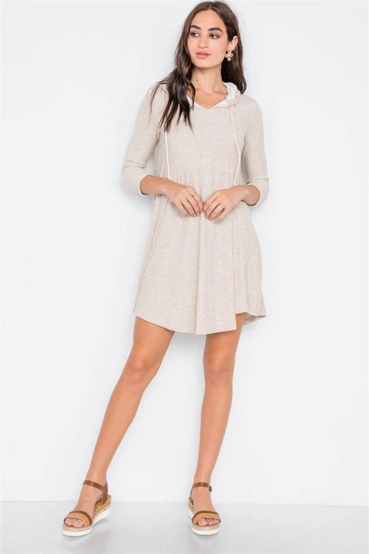 Beige 3/4 Sleeve Knit Hooded Mini Dress - Tasha Apparel Wholesale