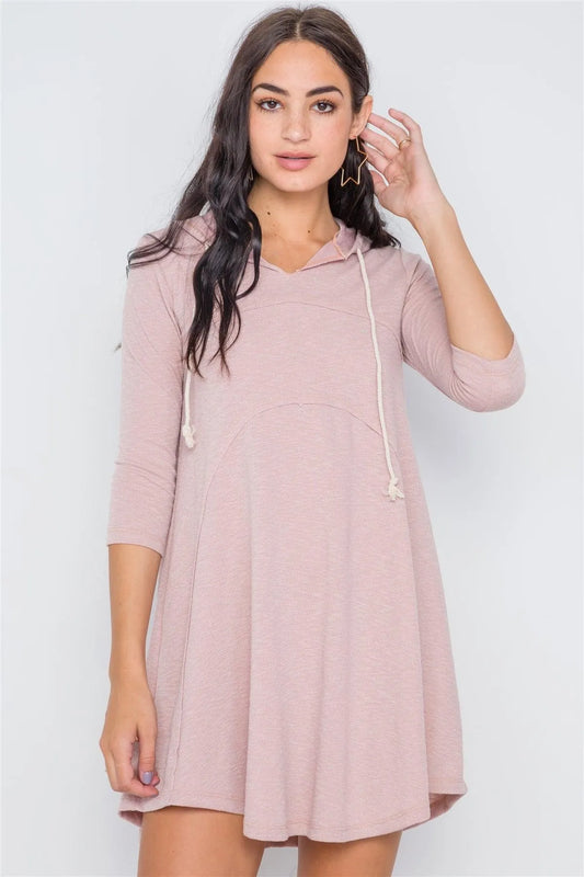 Mauve 3/4 Sleeve Knit Hooded Mini Dress /2-2-2 - Tasha Apparel Wholesale