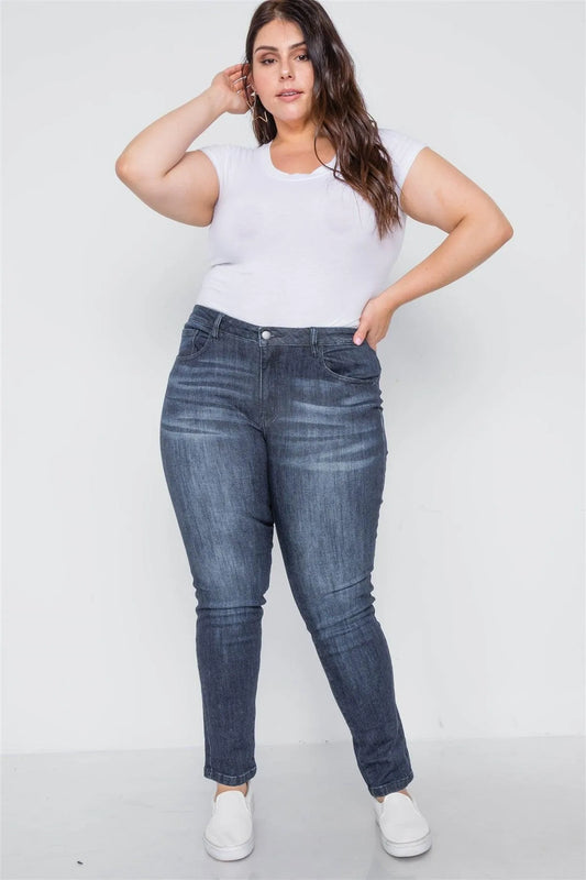 Plus Size Dark Denim Skinny Mid-Rise Pants - Tasha Apparel Wholesale