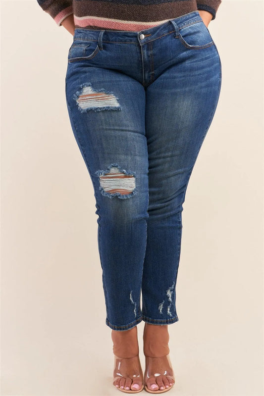 Plus Size Blue Low-Mid Rise Ripped Destroyed Denim Jeans /3-2-1 - Tasha Apparel Wholesale