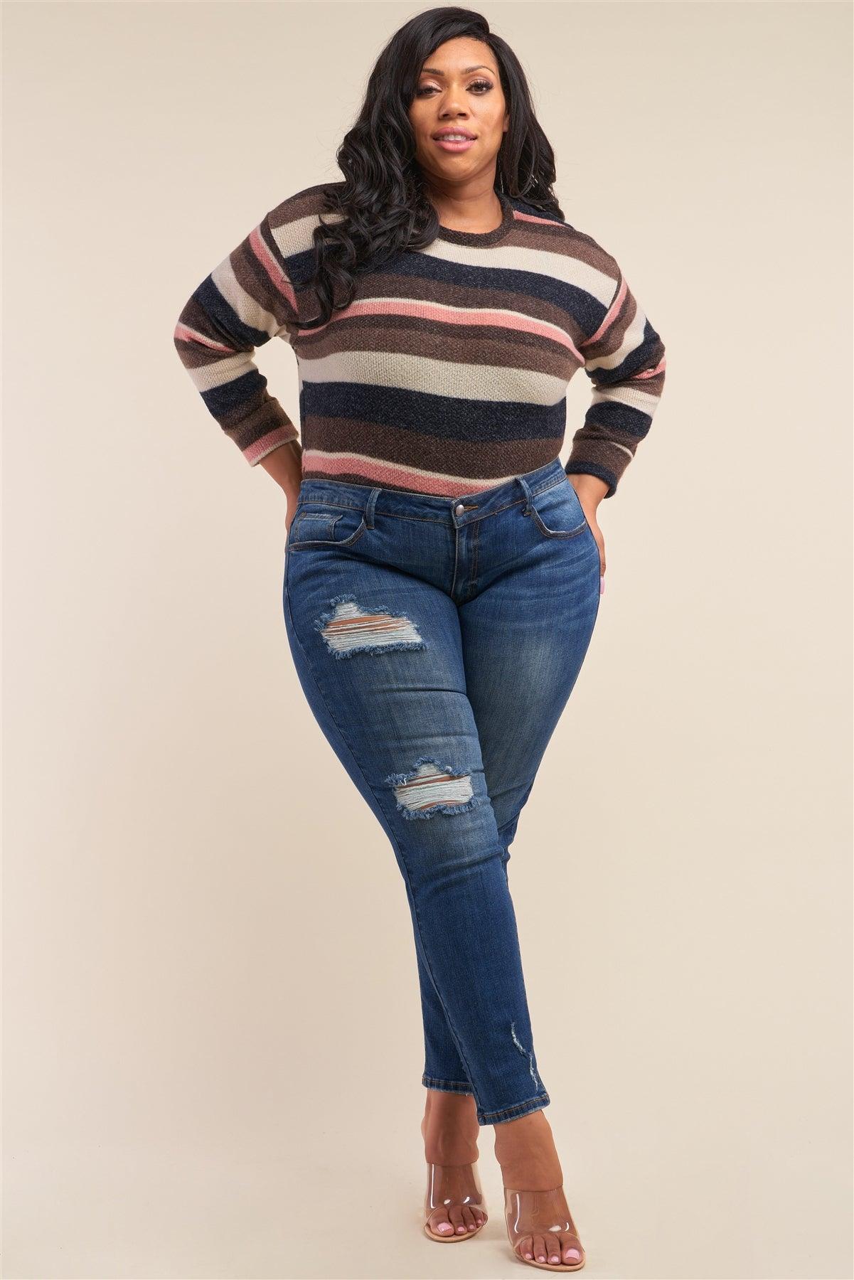 Plus Size Blue Low-Mid Rise Ripped Destroyed Denim Jeans /3-2-1