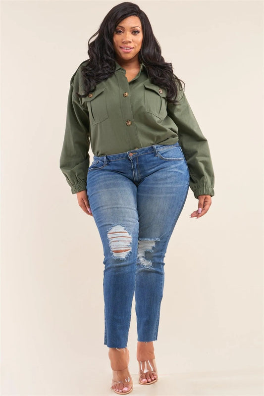 Plus Size Medium Blue Ripped Unstitched Hem Denim Jeans - Tasha Apparel Wholesale