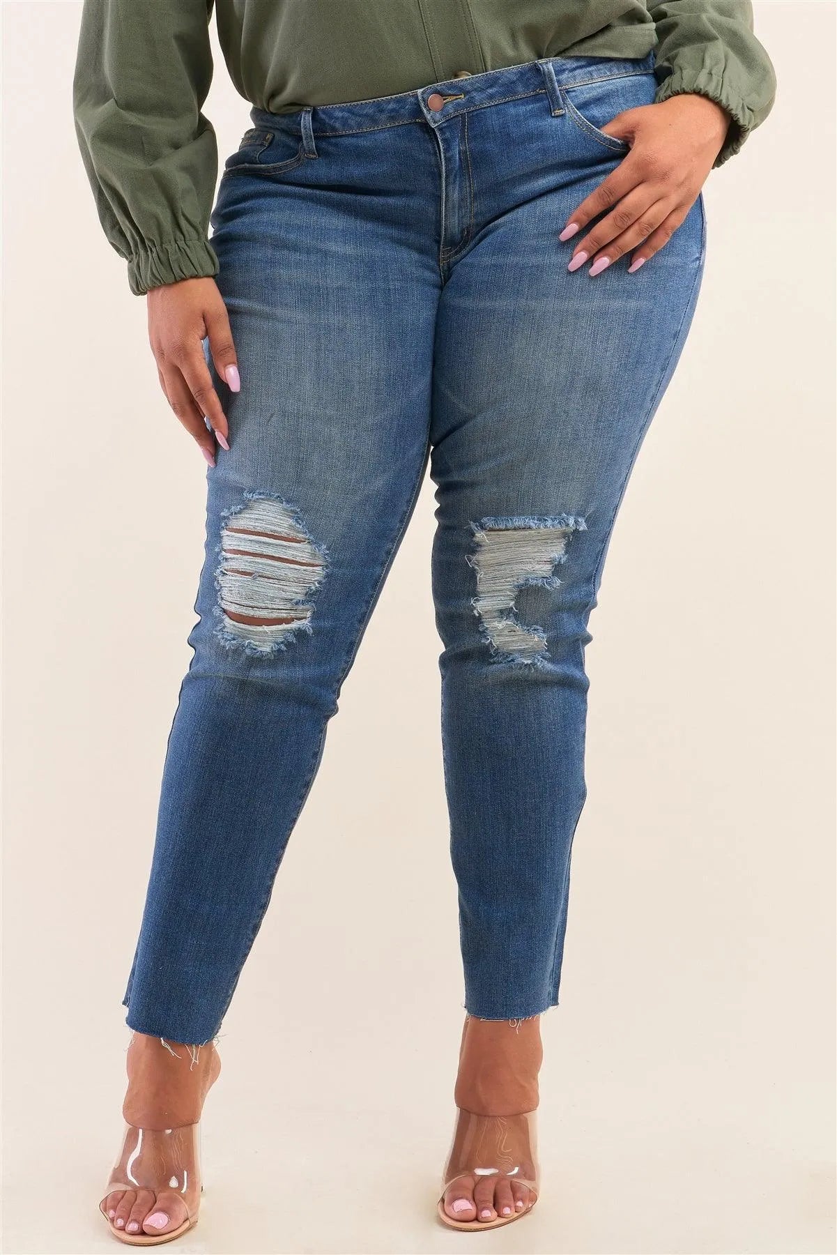 Plus Size Medium Blue Ripped Unstitched Hem Denim Jeans /2-2-2 - Tasha Apparel Wholesale