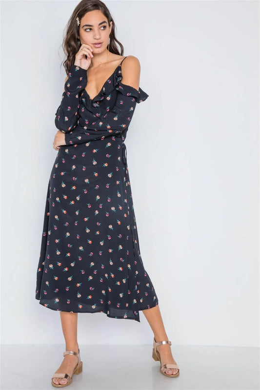 Black Floral Cold Shoulder Mid Wrap Dress /2-2-2 - Tasha Apparel Wholesale