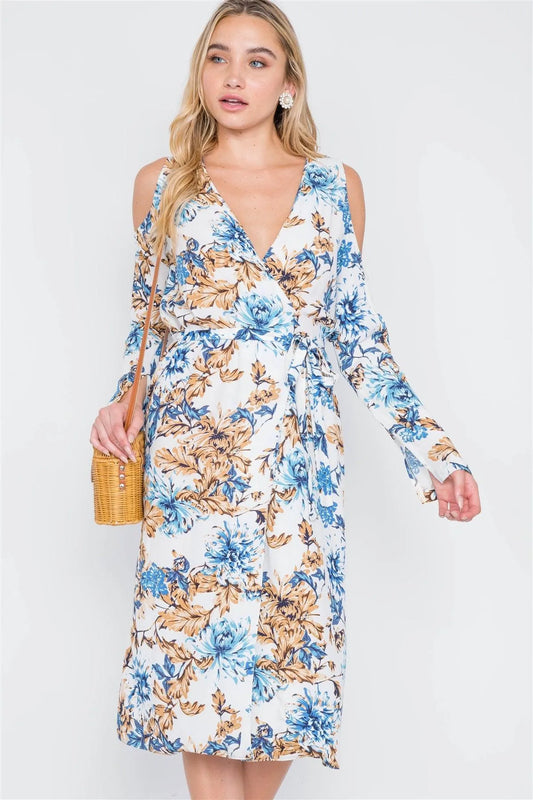 Off White Blue Floral Print Cold Shoulder Midi Dress /2-2-1 - Tasha Apparel Wholesale