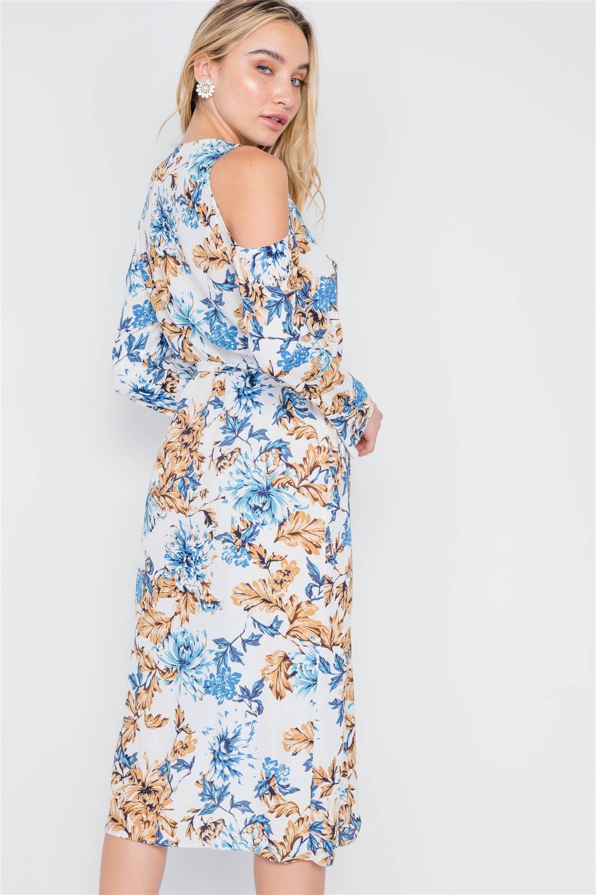 Off White Blue Floral Print Cold Shoulder Midi Dress /2-2-1