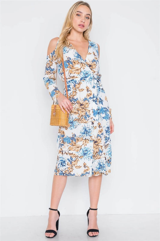 Off White Blue Floral Print Cold Shoulder Midi Dress /2-2-2 - Tasha Apparel Wholesale