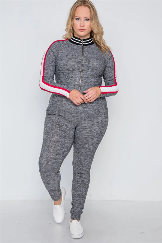 Plus Size Grey Heathered Colorblock Zipper Jumpsuit - Tasha Apparel Wholesale