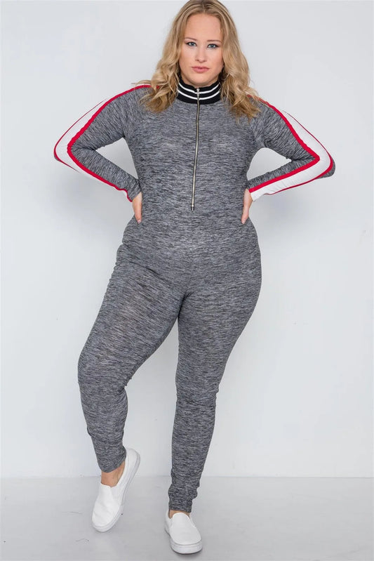 Plus Size Grey Heathered Colorblock Front Zip Jumpsuit - Tasha Apparel Wholesale