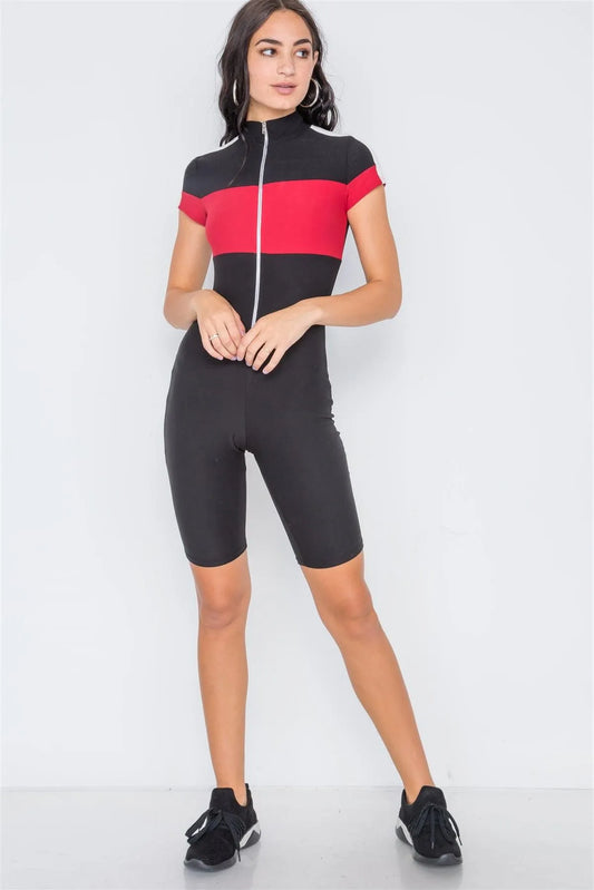 Black Red Color Block Biker Short Romper /1-2-3 - Tasha Apparel Wholesale