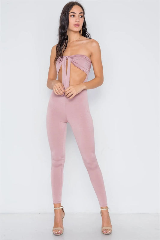 Mauve Front Tie Cut Out Skinny Leg Jumpsuit /2-2-2 - Tasha Apparel Wholesale