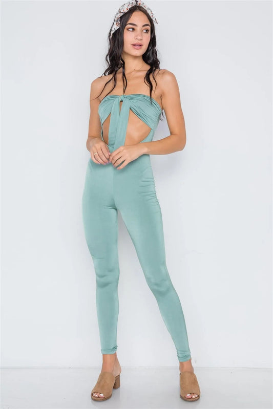Sea Green Front Tie Cut Out Skinny Leg Jumpsuit - Tasha Apparel Wholesale