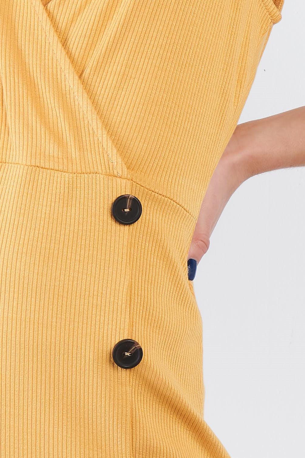 Mustard Yellow V-Neck Mock Side Button Casual Mini Dress  /1-1-2-1