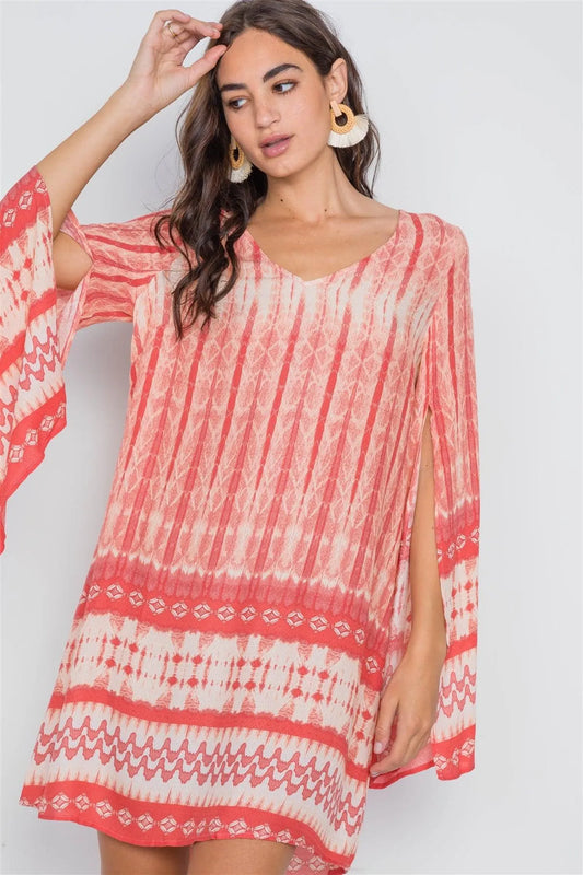Coral Geo Print Long Slit Sleeves Boho Tunic Dress /3-2-1 - Tasha Apparel Wholesale