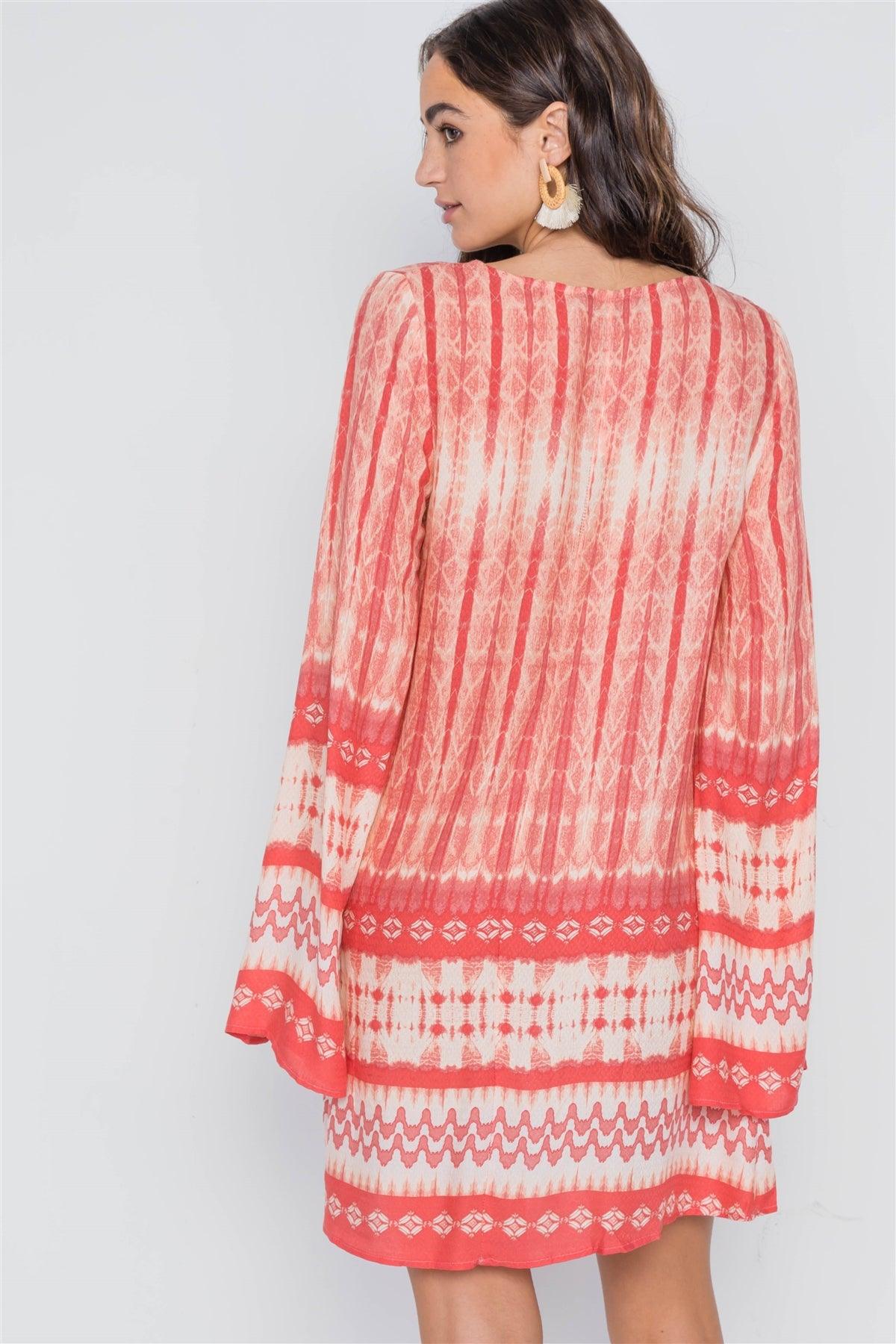 Coral Geo Print Long Slit Sleeves Boho Tunic Dress /3-2-1