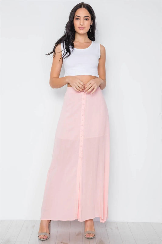 Pink Button-Front Maxi High Waist Skirt /3-2-1 - Tasha Apparel Wholesale