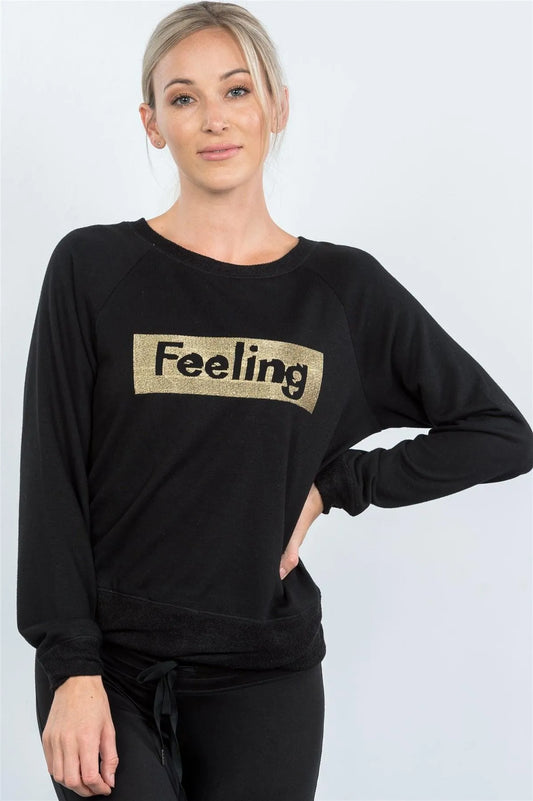 Black Graphic Front FEELING Sweater /3-2-1 - Tasha Apparel Wholesale