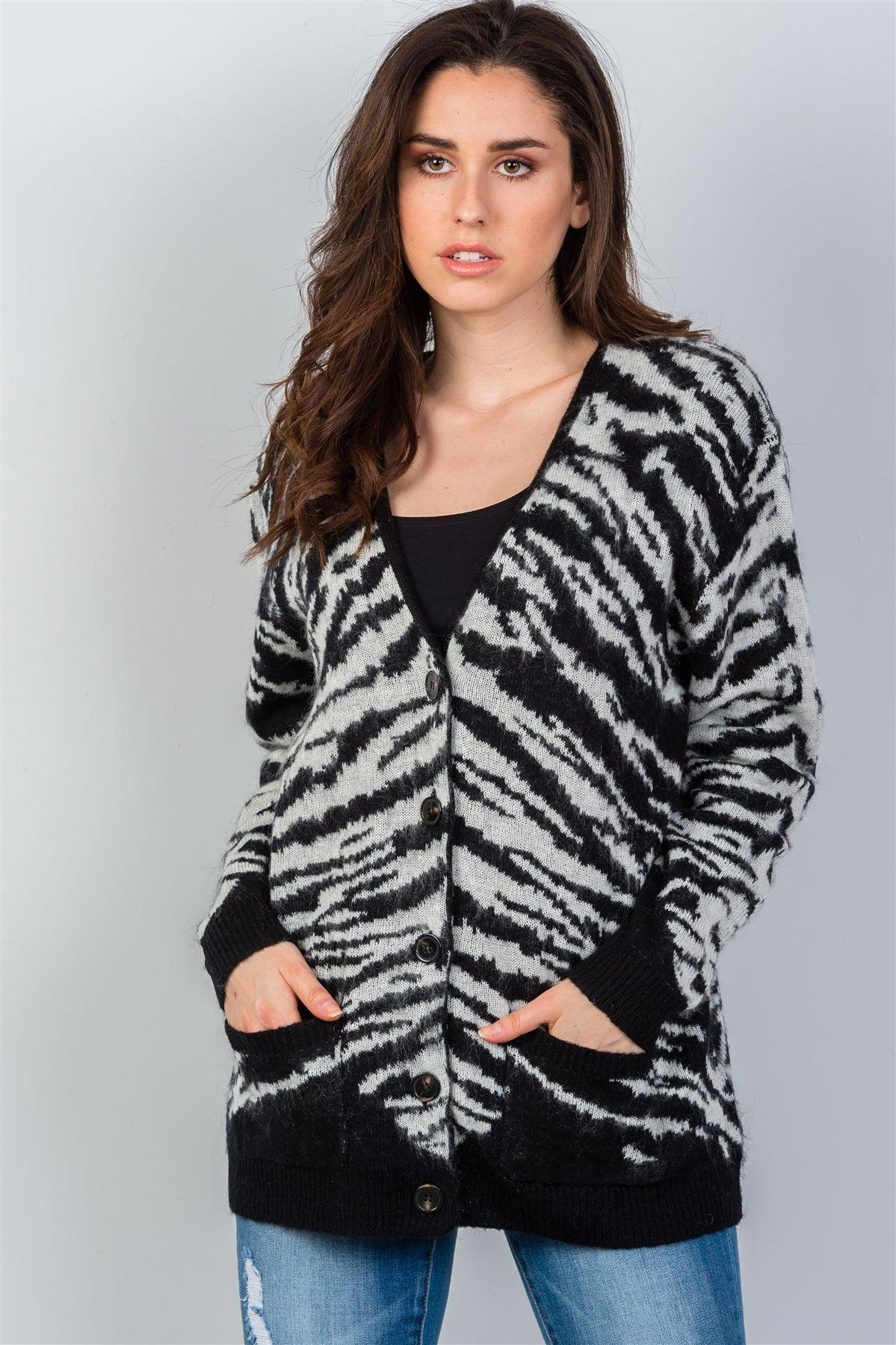 White & Black Animal Zebra Print Fuzzy Button Down Cardigan /3-3
