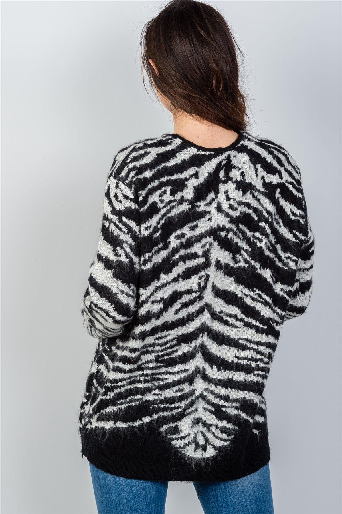 White & Black Animal Zebra Print Fuzzy Button Down Cardigan /3-3