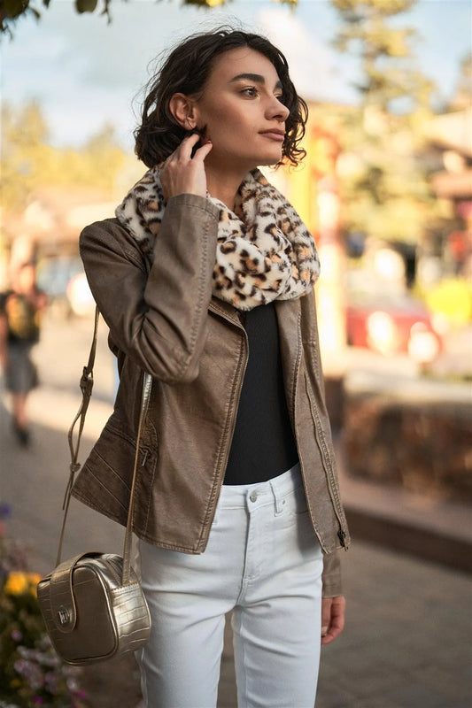Grey-Taupe Vegan Leather Long Sleeve Biker Jacket /1-1-1-1 - Tasha Apparel Wholesale